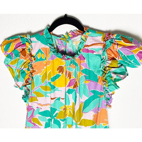 House of Harlow 1960 Women's Tired Ruffle Mini Dress Coltraihe Green Tropical - Picture 4 of 11